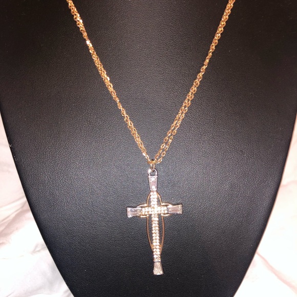 Cross Necklace Yellow White Gold Overlay - Picture 3 of 9
